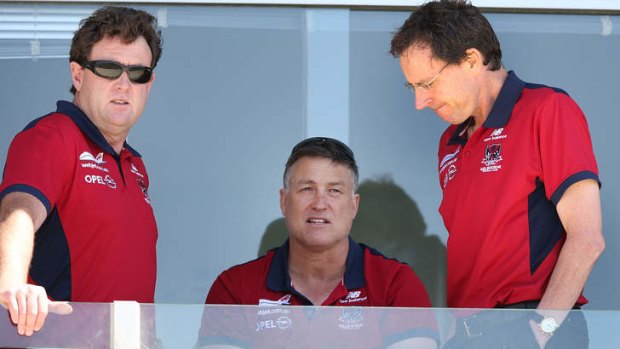 Chris Connolly (left to right), Todd Viney and Cameron Schwab at Melbourne's practice match at Casey Fields on Friday.