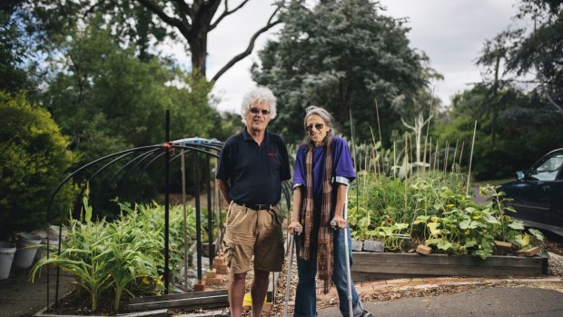 Bram van Oosterhout and Judy Bamberger with their nature strip garden in O'Connor, including the hoop house which they plan to cover in "repurposed" plastic for tomatoes in winter.