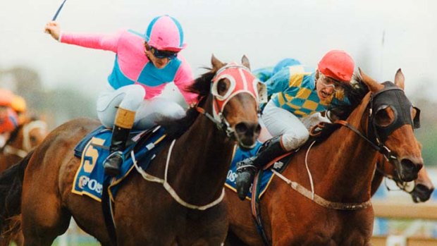 Photo-finish &#8230; Veandercross, left with Shane Dye on board, lost the 1992 Caulfield Cup to Mannerism with Damien Oliver in the saddle. Dye's navigation on Veandercross created a furore.
