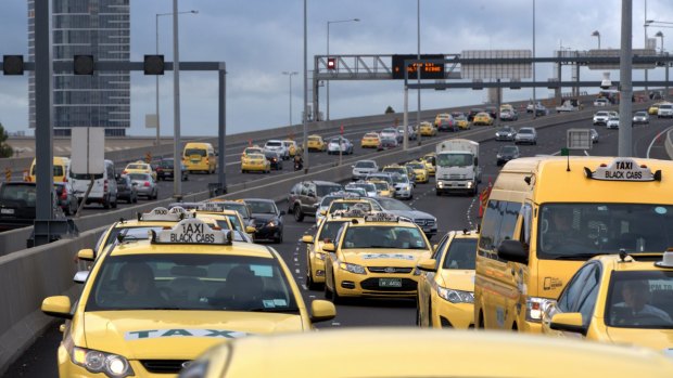 Taxi drivers angry at deregulation within the industry were out in force on the Bolte Bridge last Monday.