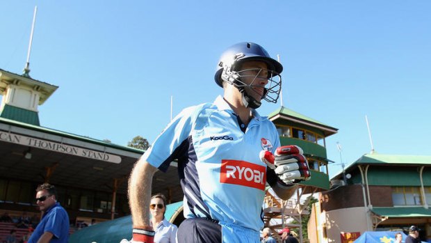 Simon Katich comes out to bat for New South Wales at North Sydney Oval yesterday.