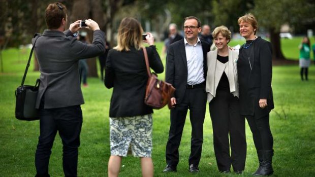 Greens deputy leader Adam Bandt, leader Christine Milne and senator elect Janet Rice.