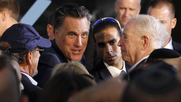 Mitt Romney meets members of the audience after delivering his foreign policy speech in Israel's Old City.