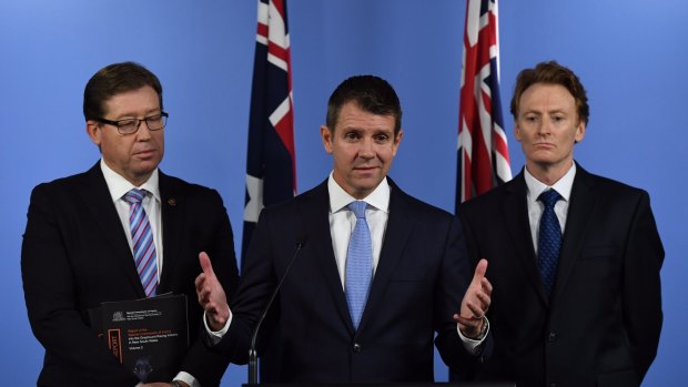 NSW Premier Mike Baird, Deputy Premier Troy Grant with Steve Coleman, CEO of RSPCA NSW, announcing the ban on greyhound racing.