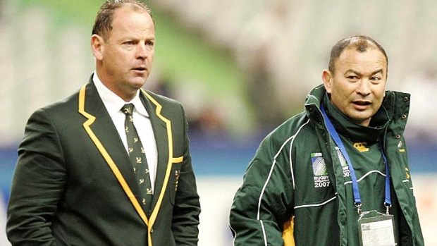 Jake White (l) with former Brumbies coach Eddie Jones before the final of the 2007 World Cup.
