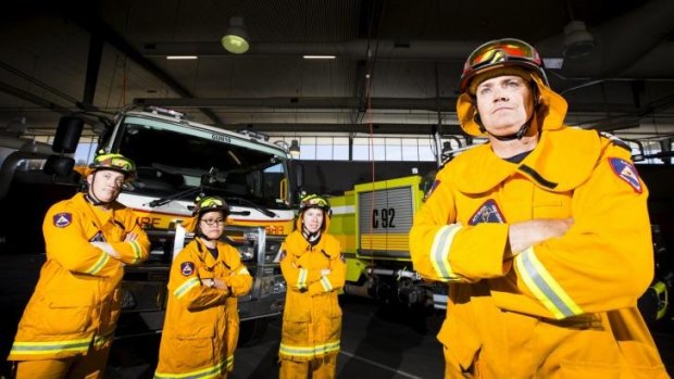 New help: Canberra's new generation of firefighters, from left, Brendan van der Vlist, 30, Jane Hung, 33, and Andrew Lomas, 23, with their Gungahlin rural fire brigade captain Simon Butt, 46. 