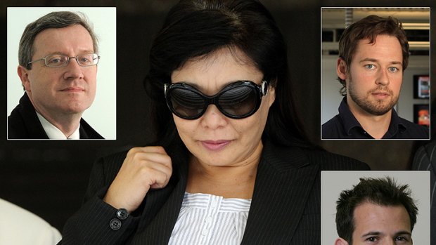 In court &#8230; Helen Liu (main), inset clockwise: Philip Dorling, Nick McKenzie and Richard Baker.