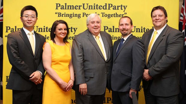Clive Palmer from Palmer United Party (centre) with Senators-elect Zhenya Wang, Jacqui Lambie, Ricky Muir and Glenn Lazarus.