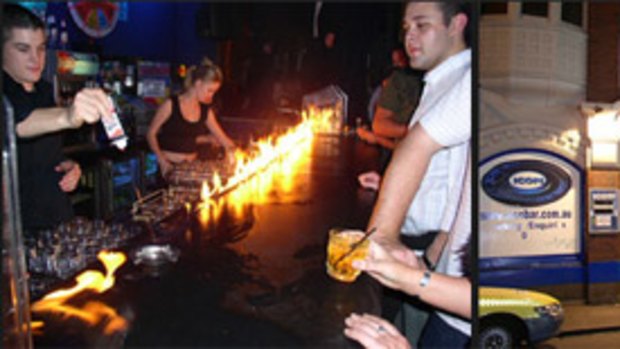 A screengrab from the Icon Bar website which shows the "flaming bar" and patrons lined up outside.