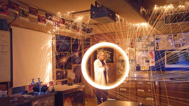 Sparks fly: Christopher Sandoval demonstrates a steel wool spin in his science class.