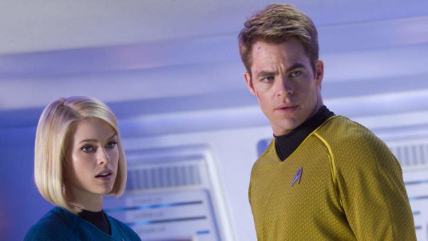 Alice Eve as Carol and Chris Pine as Kirk in <i>Star Trek: Into Darkness</i>.