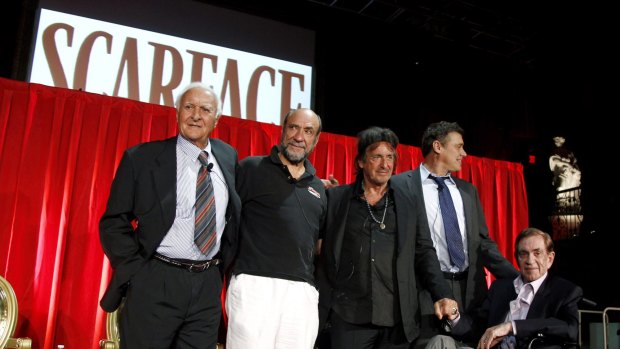 From left: Robert Loggia, with F. Murray Abraham, Al Pacino, Steven Bauer, and Martin Bregman pose together onstage during the "Scarface" Legacy Celebration Event in Los Angeles. 