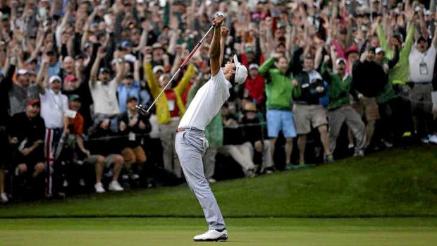 Emotional: Adam Scott wins the 2013 US Masters at the second playoff hole - a hugely popular victory.