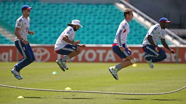 England players (from left) Steven Finn, Monty Panesar, Chris Tremlett and Michael Carberry jump rope during team training at the SCG on Wednesday.