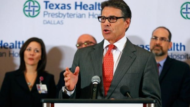 Texas Govenor Rick Perry answers questions related to the first confirmed case of the Ebola virus at Texas Health Presbyterian Hospital Dallas.