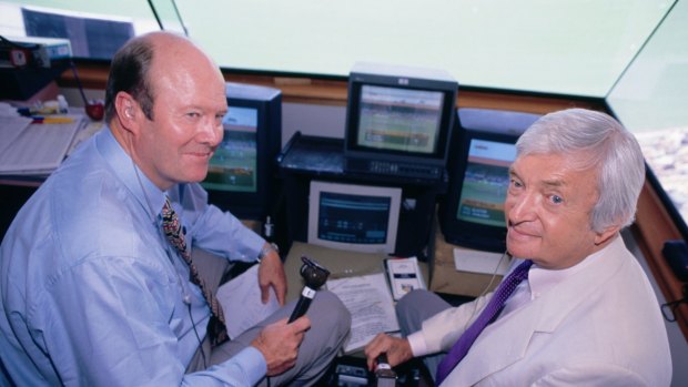 Richie Benaud with Tony Greig in the commentary box. 