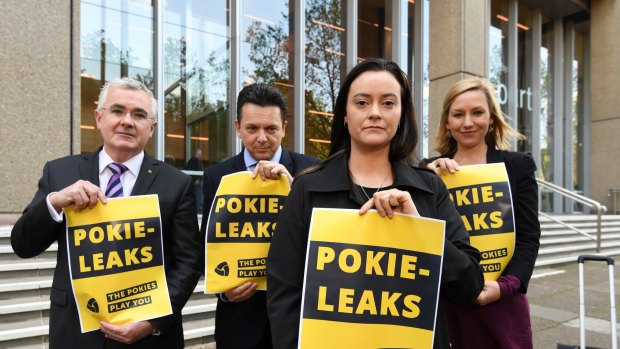 Federal MPs, from left, Andrew Wilkie, Nick Xenophon and Larissa Waters, far right, with former problem gambler Shonica Guy, calling for the release of poker machine industry secrets. 