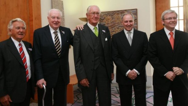 Previous gathering: Bob Hawke, Gough Whitlam, Malcolm Fraser, Paul Keating and Kevin Rudd at the apology to the stolen generations at Parliament House in 2008.