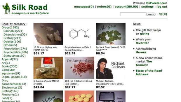 A screenshot of the Silk Road website, where users can browse through varieties of ecstasy, cocaine, ice, cannabis and heroin.