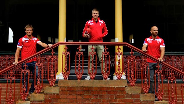 Sydney Swans players (L to R) Kieren Jack, Dan Hannebery, and Jarrad McVeigh at the Sydney Cricket Ground. They have been selected for the 2013 All Australian team.