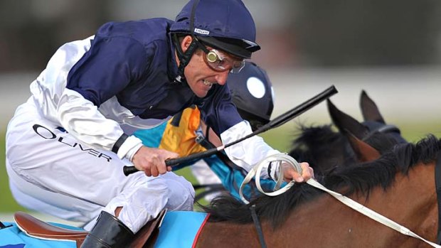 Damien Oliver rides Showmya Miss in Geelong on September 13, the day he returned to racing.
