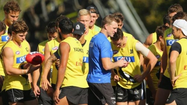 Nathan Buckley at Collingwood training on Tuesday. He criticised "hysteria" over the Macaffer-Cotchin duel.