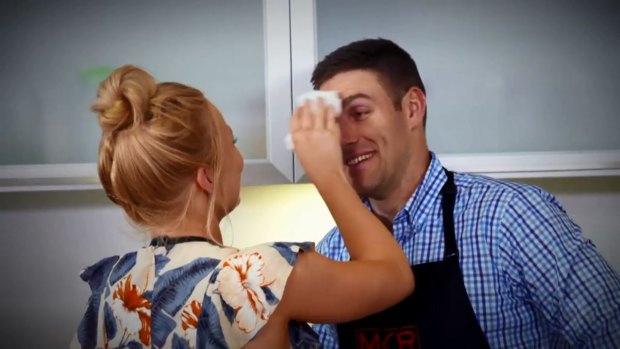 Aly should be wiping sweat from Matt's brow over MKR's ratings, but it's actually balsamic vinegar.
