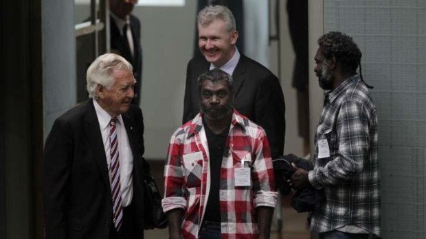 Environment minister Tony Burke with former prime minister Bob Hawke and traditional owner Jeffrey Lee (centre) and Stewart Gangali  in Parliament House. Koongarra has been included into Kakadu National Park.