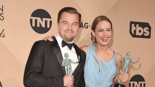 Leonardo DiCaprio, winner of the award for Outstanding Performance by a Male Actor in a Leading Role for <i>The Revenant</i>, and Brie Larson, winner of the award for Outstanding Performance by a Female Actor in a Leading Role for <i>Room</i>.