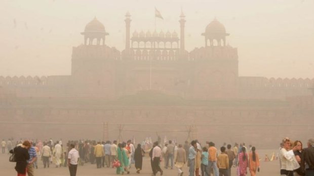 Health fears: Smog envelopes The Red Fort in New Delhi.