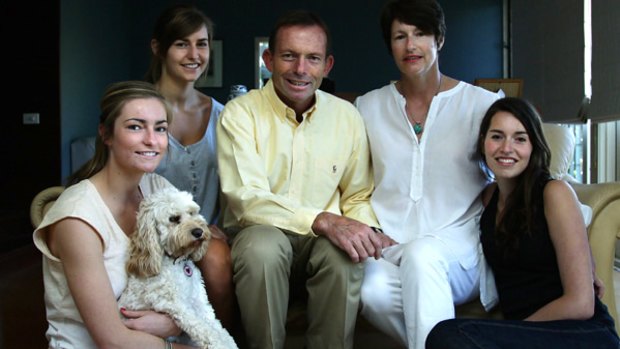 Federal Opposition Leader Tony Abbott with his family, from left,  Bridget, the family dog Maisie, Frances, wife Margie and Louise.