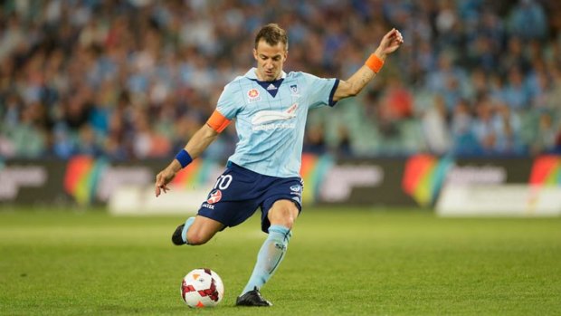 Sydney FC's Alessandro Del Piero dispatches the winning goal from the penalty spot on Saturday's game. A man was stabbed in a scuffle in the Sydney CBD after the event.