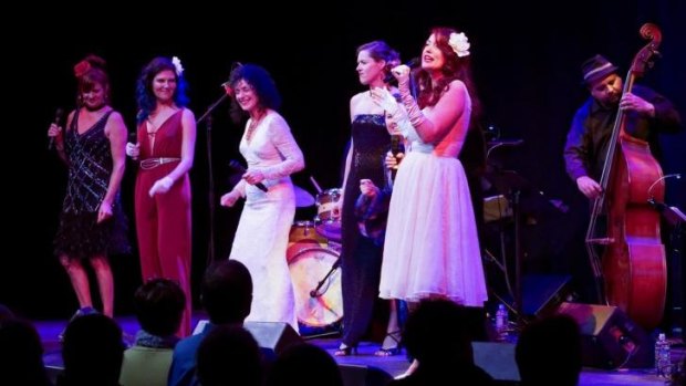 Ladies Sing the Blues (from left) Liza Ohlback, Amanda Easton, Dahlia Dior, Chris Fields (on drums), Lucinda Peters, Lindsay Drummond (obscured), Lady Cool and John Maddox on double bass. 