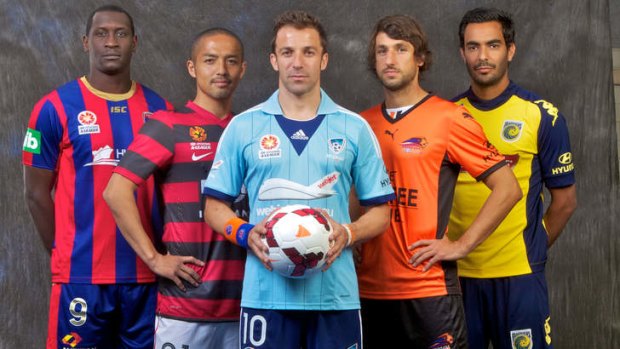 Big guns: marquee players Emile Heskey, Shinji Ono, Alessandro Del Piero, Thomas Broich and Marcos Flores at yesterday's A-League launch. The season kicks off on Friday night when Sydney FC host Newcastle at Allianz Stadium.