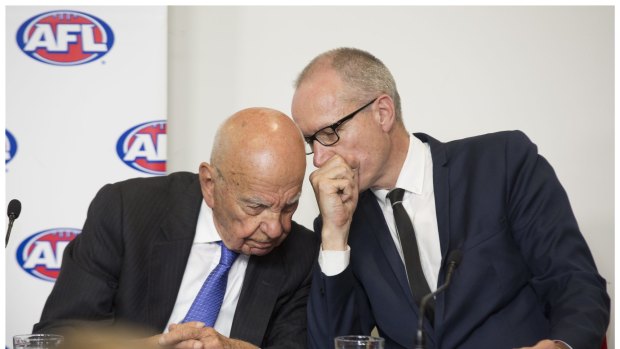 News Corp's Rupert Murdoch (left) and chief executive Robert Thomson (right) at a press conference in August. 