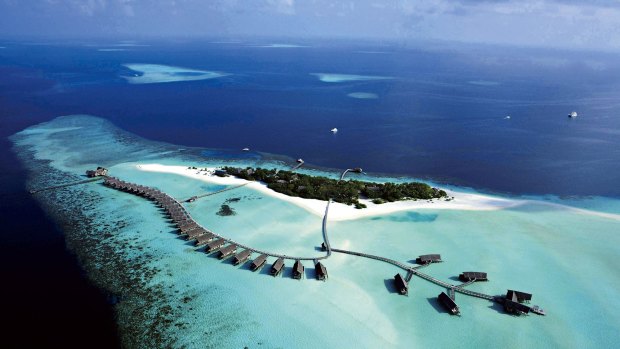 An aerial view of Cocoa Island resort in the Maldives.