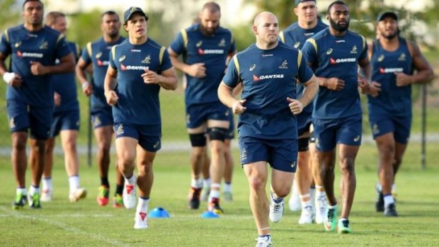 Leading the way: New Wallabies skipper Stephen Moore sets the pace  at training.