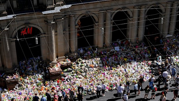 Floral tributes in the Bourke Street Mall after the January tragedy that claimed six lives. 