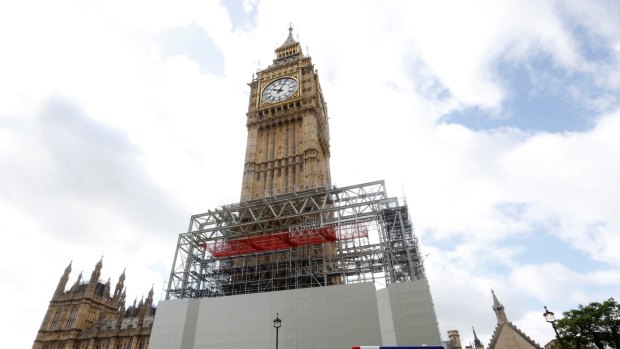 Scaffolding is erected around the Elizabeth Tower, which includes the landmark 'Big Ben' clock.