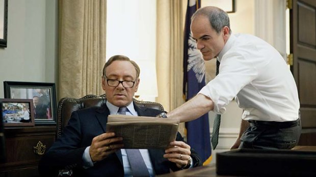 Kevin Spacey, left, and Michael Kelly in Netflix's first series, <em>House of Cards</em>, which the company calls a "great success".