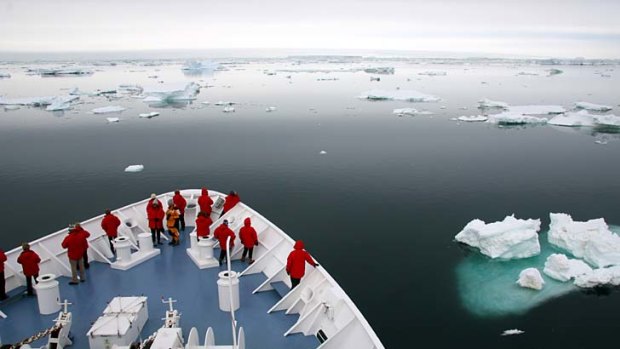 On parade ... the MV Orion approaches the Antarctic continent.