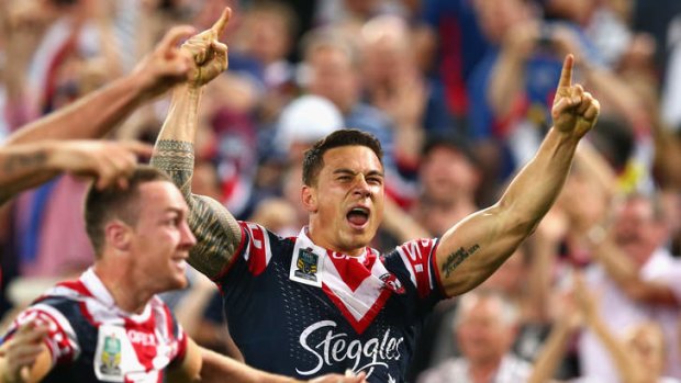 Sonny Bill Williams celebrates the Roosters' victory during the 2013 NRL Grand Final against Manly.