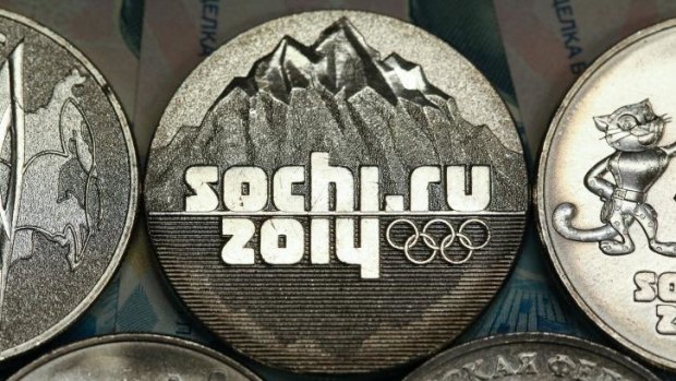 Ruble coins made to commemorate the upcoming Sochi 2014 Winter Olympics.