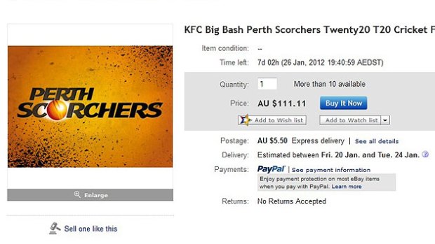 An eBay advertisment for a ticket for Saturday night's Perth Scorchers semi-final - interesting considering tickets hadn't even been printed yet.