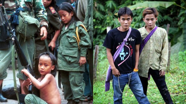 Then and now: Luther Htoo, left, and his brother Johnny at their jungle camp  in 1999 and 14 years later.