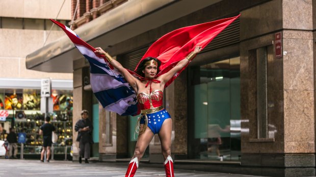 Darlene 'Super Showgirl Cosplay' Illyana in Pitt Street. June 3 was Wonder Woman Day and Kings Comics in Pitt Street celebrated all things Diana.
