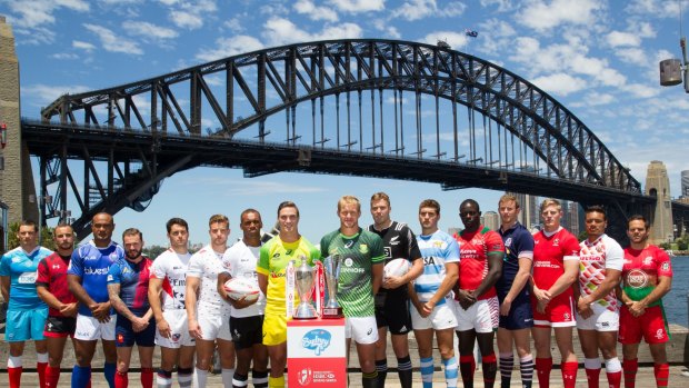 Sydney Sevens team captains, including Australia's Ed Jenkins, at Milsons Point on Wednesday.