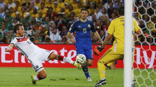 Germany's Mario Goetze scores the winning goal against Argentina in the 2014 FIFA World Cup final.