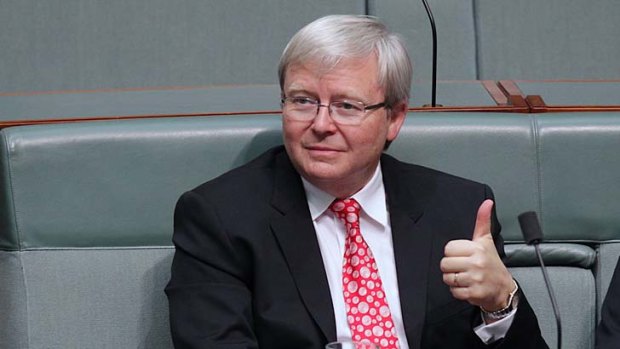 Thumbs-up this time, or not? Kevin Rudd during question time in Parliament on Wednesday.