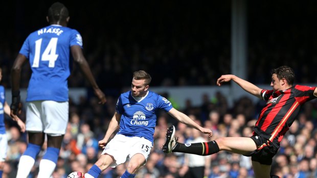 Everton's Tom Cleverley has a shot at goal during their win against Bournemouth.